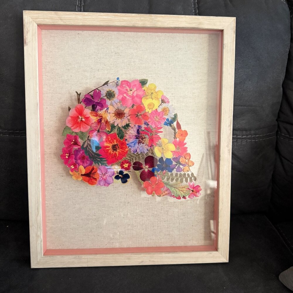 Pressed Flower Skull Artwork In Wooden Frame